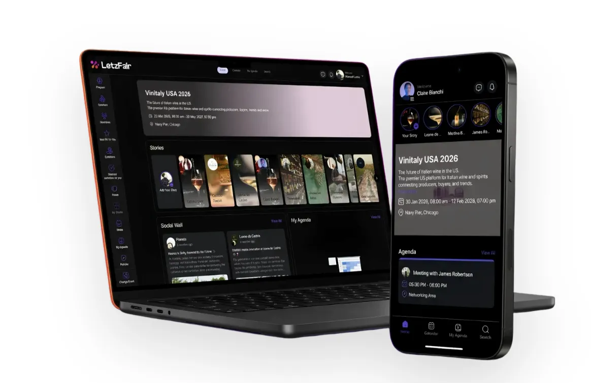 LetzFair event app on laptop and smartphone, showing the Vinitaly USA 2026 home with stories, social wall and agenda