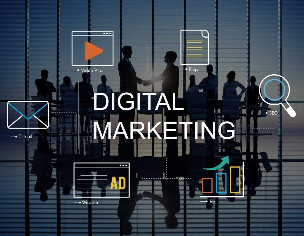 digital marketing with icons and business people