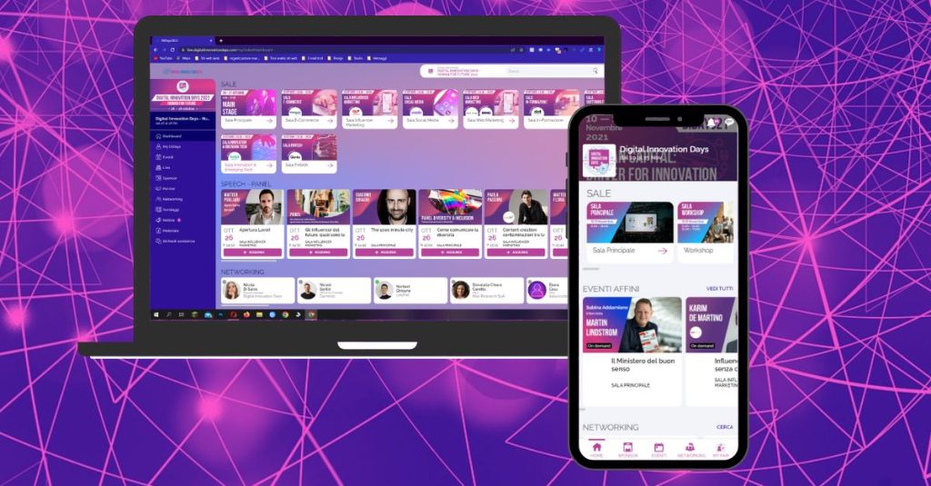 L'immagine mostra uno smartphone e un pc portatile con aperta la schermata di un app eventi